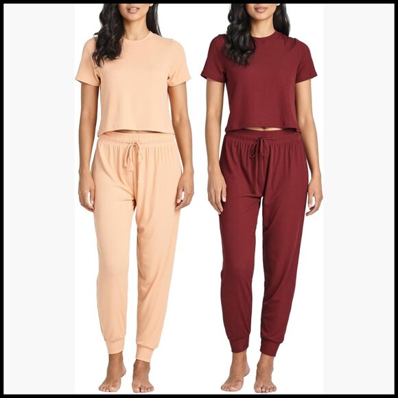Ribbed Knit Lounge Set - Short Sleeve Top with Jogger Sweatpants